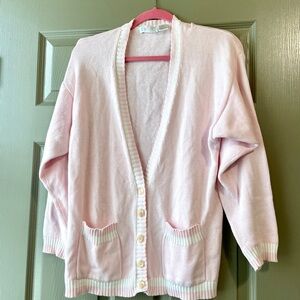 Vintage 80s Ivy Pink Knit Cardigan with White Varsity Stripes